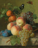 naturaleza muerta de duraznos, uvas y ciruelas sobre un alféizar de piedra con un pájaro y una mariposa - Jan Frans van Dael — vista de la obra