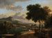 Un vasto paisaje con viajeros, pescadores y conductores de ganado en un camino con un puente romano al fondo - Jan Hackaert — vista de la obra