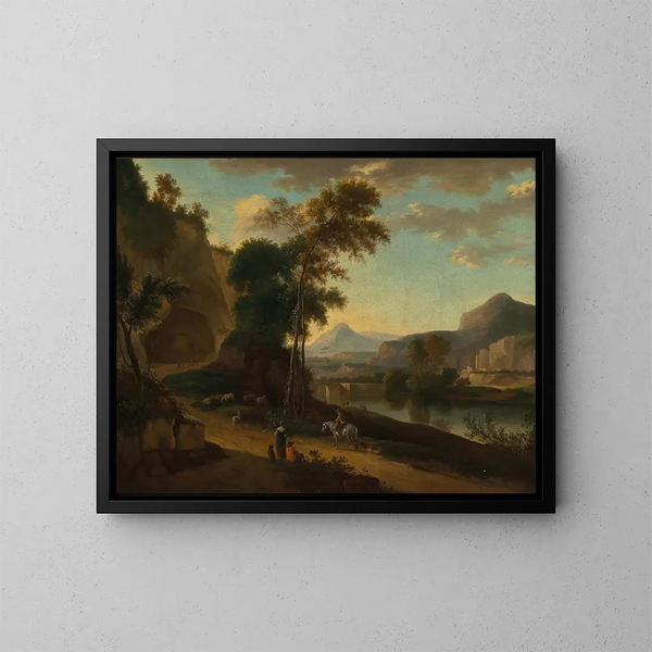 Un vasto paisaje fluvial con viajeros - Jan Hackaert — cuadro enmarcado en la pared