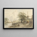 Landscape painting with small bridge and house on a road along a watercourse - Jan Hulswit — framed artwork on a wall