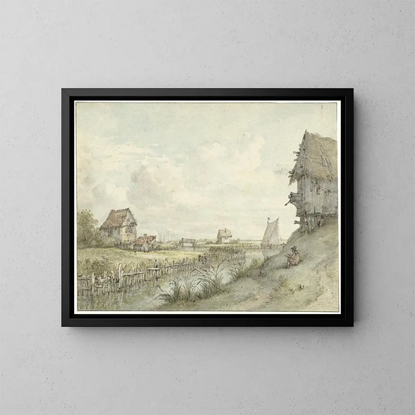 Paisaje fluvial con un dibujante esbozando entre cabañas - Jan Hulswit — cuadro enmarcado en la pared