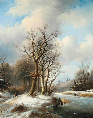 Jan Jacob Coenraad Spohler - Figures on a frozen waterway a castle beyond.webp