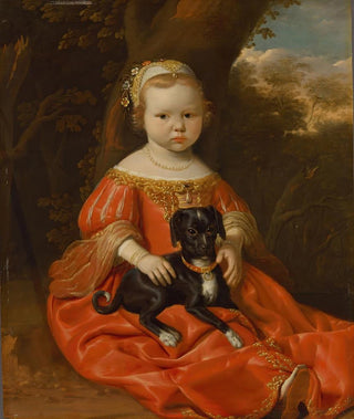 Jan Jansz de Stomme - Portrait of a young girl in a red dress with her dog in a landscape.webp