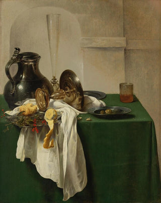 Jan Jansz den Uyl - Pewter jug and silver tazza on a table.webp