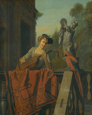 Jan Josef Horemans The Elder - An Elegant Figure Playing A Guitar At a Balustrade With a Macaw.webp