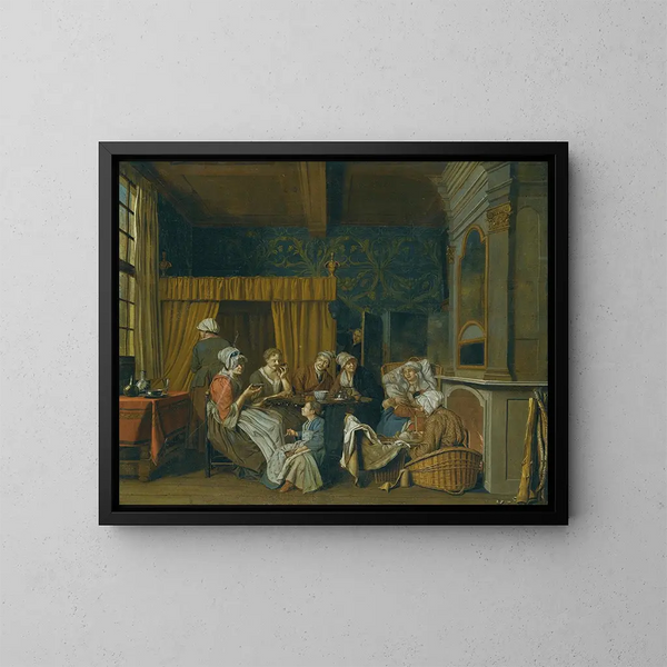 Una familia tomando el té en celebración del nacimiento de gemelos - Jan Josef Horemans el Joven — cuadro enmarcado en la pared