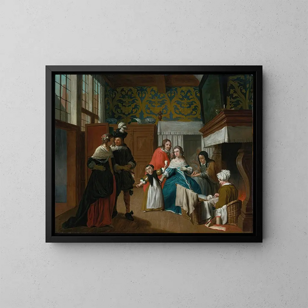 Una mujer enferma con su familia y sus asistentes en un interior - Jan Josef Horemans el Joven — cuadro enmarcado en la pared