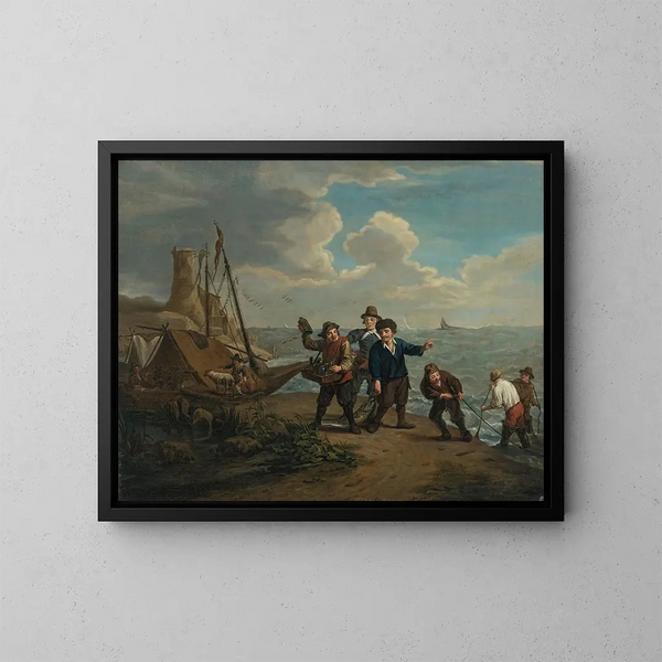 Un vendedor ambulante vendiendo licores a pescadores a lo largo de una costa ventosa - Jan Josef Horemans el Joven — cuadro enmarcado en la pared