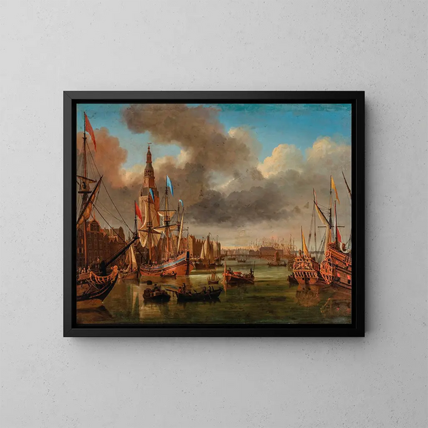 Vista del IJ en Ámsterdam con la Haringpakkerstoren y la Nieuwe Stadsherberg a lo lejos - Jan Karel Donatus van Beecq — cuadro enmarcado en la pared