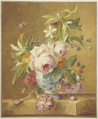 Jan Matthias Kok - Ein Blumenbouquet in blauer Vase mit drei Schmetterlingen vorne rechts eine Schnecke.webp