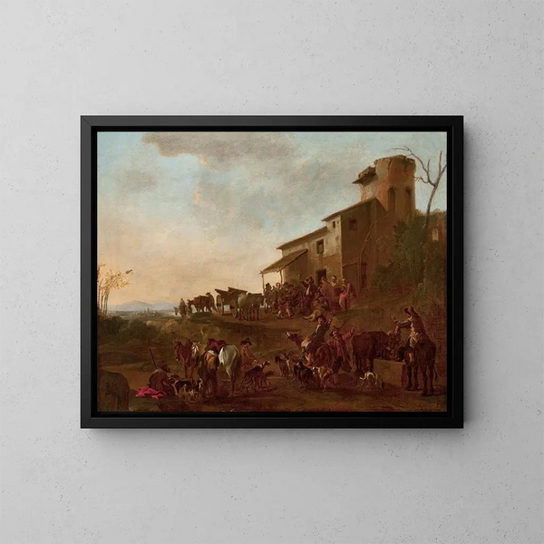 Escena frente a una taberna - Jan Miel — cuadro enmarcado en la pared