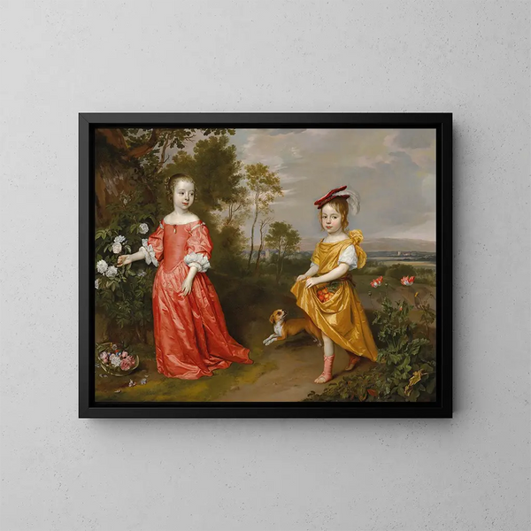 Double portrait of two children in a landscape with a dog beside them - Jan Mijtens — framed artwork on a wall