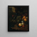 Fruit painting in a wicker basket with a snail, a dragonfly, and a mouse on a rock, a landscape beyond - Jan Mortel — framed artwork on a wall