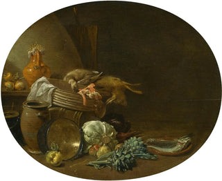 Jan Olis - A Kitchen Still Life Of A Hare A Mallard Artichokes Cabbage Pears A Fish On An Earthenware Platter And Pots And Pans.webp