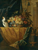 Naturaleza muerta con una cesta de frutas y un periquito sobre un alféizar cubierto con un damasco junto a un jarrón de pórfido montado en bronce dorado - Jan Pauwel Gillemans el Joven — vista de la obra