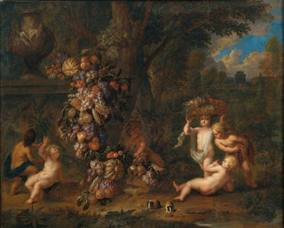 Jan Pauwel Gillemans the Younger - Landscape with six putti playing with a garland of fruit and two guinea pigs in the foreground.webp