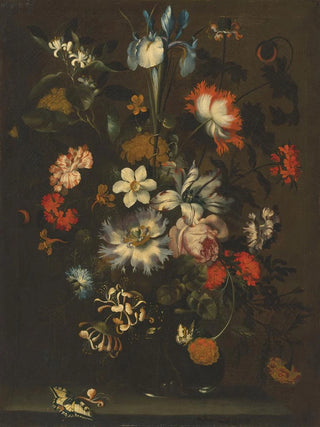 Jan Pieter Brueghel - An iris carnations roses and other flowers in a glass vase on a ledge with butterflies.webp