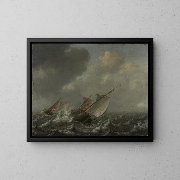 de barcos en un mar agitado - Jan Porcellis — cuadro enmarcado en la pared