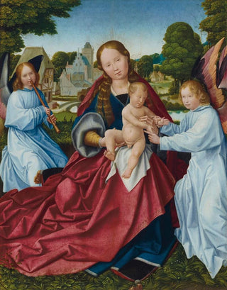 Jan Provost - The Virgin and Child with angels in a landscape a village beyond.webp