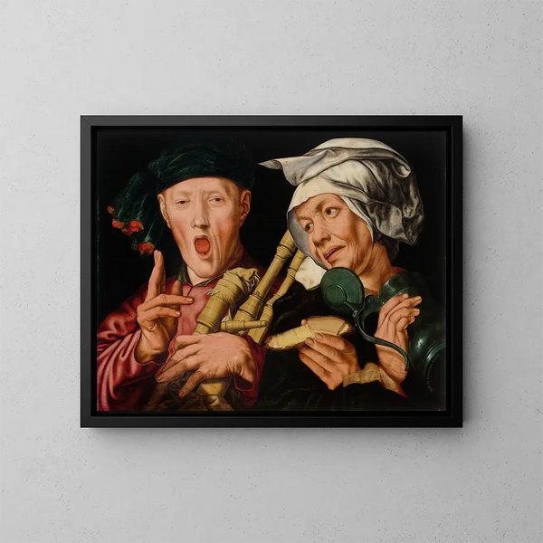 The bagpiper and the joyful woman - Jan Sanders van Hemessen — framed artwork on a wall