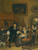 a gentleman offering a glass of wine to a lady with a couple making music and other city inhabitants indoors - Jan Steen — artwork view