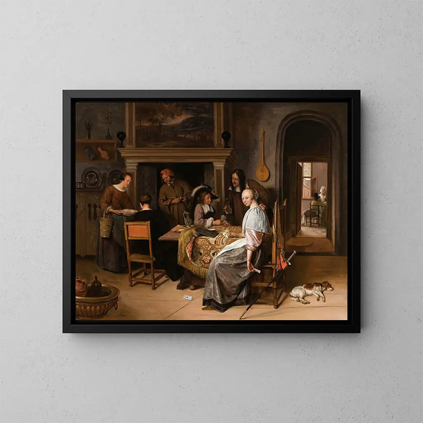 an elegant company in an interior with figures playing cards at a table - Jan Steen — framed artwork on a wall