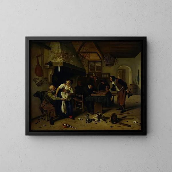 Interior of a tavern with an old man having fun with the innkeeper and two men playing backgammon known as Two kinds of games - Jan Steen — framed artwork on a wall