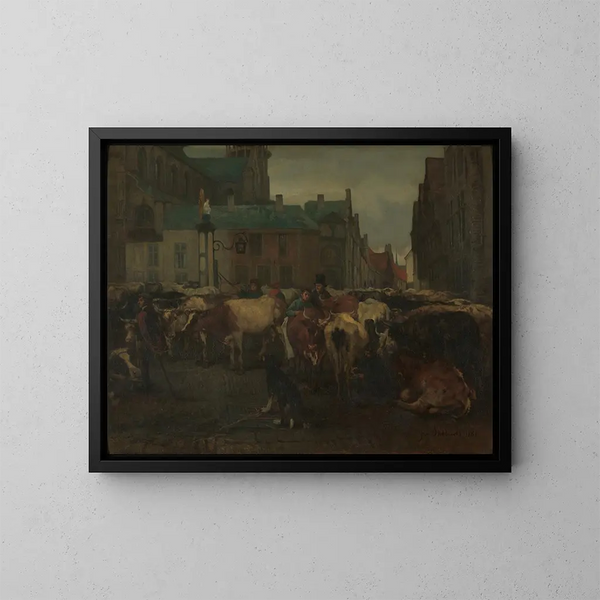 The cattle market in Antwerp - Jan Stobbaerts — framed artwork on a wall