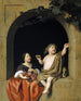 Dos niños en una ventana mirando una burbuja de jabón - Jan Tilius — vista de la obra