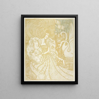Jan Toorop - Vrouw met vlinder bij een vijver met twee zwanen.webp