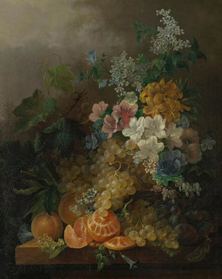 Jan Van Der Waarden - A still life with flowers peaches grapes and a peeled orange all resting on a table.webp