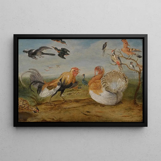 Jan Van Kessel The Elder - A Landscape With A Cockerel And A Turkey Squabbling And Other Fowl.webp