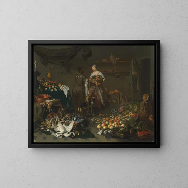 interior de cocina con una sirvienta y un criado en conversación - Jan van Kessel el Viejo — cuadro enmarcado en la pared