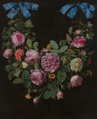 Jan Van Kessel The Elder - A swag of roses suspended from blue ribbons.webp