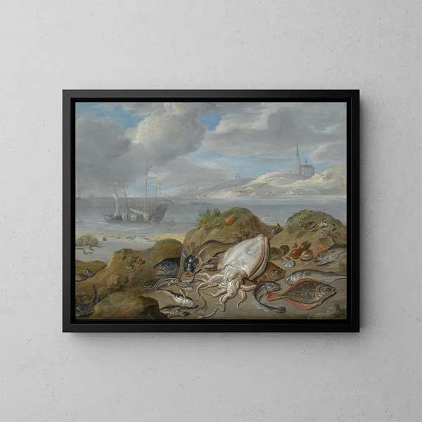 un paisaje natural con un pez sepia, un lenguado, bacalao, mejillones y otros pescados sobre una duna, una iglesia al otro lado de un estuario - Jan van Kessel el Viejo — cuadro enmarcado en la pared