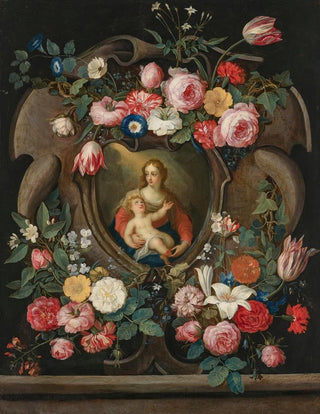 Jan Van Kessel The Elder - The Virgin and Child in a sculpted cartouche surrounded by garlands of flowers.webp