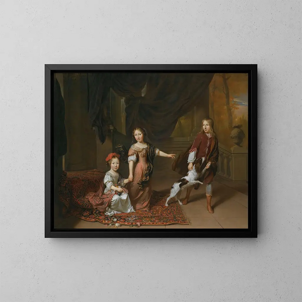 Un retrato de dos hermanas y su hermano jugando con un perro - Jan Verkolje — cuadro enmarcado en la pared