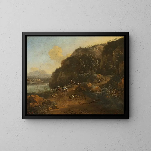 Mountain landscape painting with travelers - Jan Vermeer van Haarlem the Elder — framed artwork on a wall