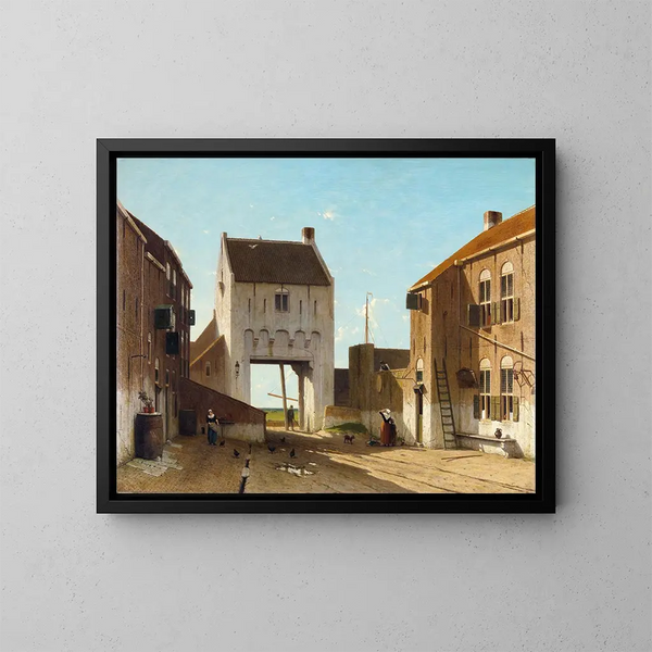a city gate in Leerdam - Jan Weissenbruch — framed artwork on a wall
