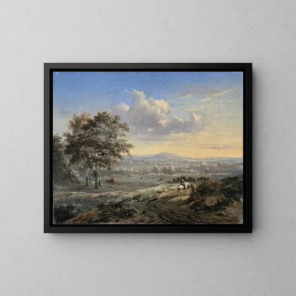 Paisaje ondulado con un jinete en un camino rural - Jan Wijnants — cuadro enmarcado en la pared