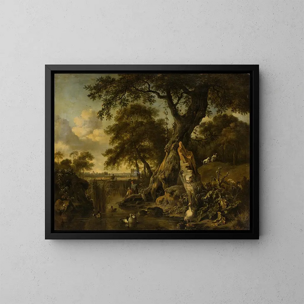 Paisaje fluvial con pescador y cazador - Jan Wijnants — cuadro enmarcado en la pared