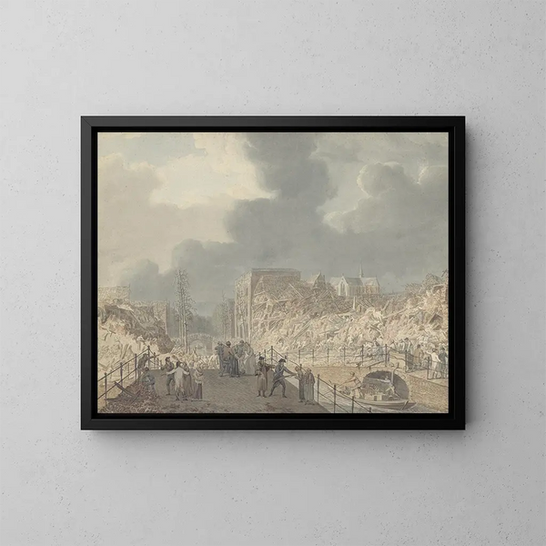 Vista de las runas en el Rapenburg en Leiden después de la explosión del barco de pólvora el 12 de enero de 1807 - Jan Willem Pieneman — cuadro enmarcado en la pared