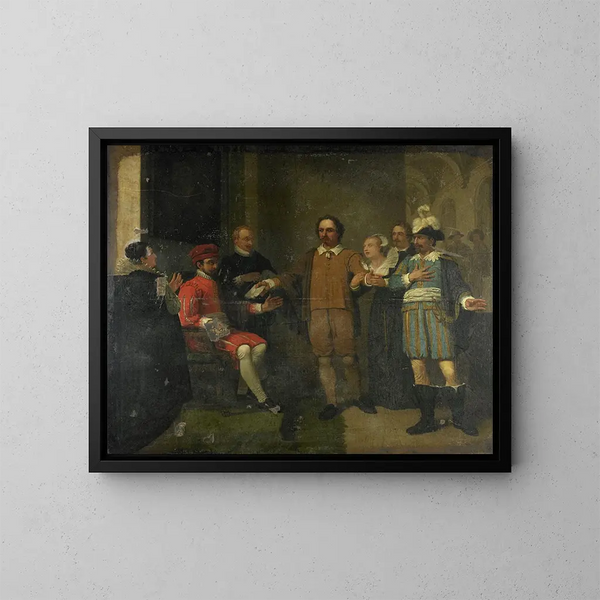 Jacob Simonsz de Rijk persuadiendo al gobernador general español Requesens de liberar a Marnix van Sint Aldegonde 1575 - Jan Willem Pieneman — cuadro enmarcado en la pared