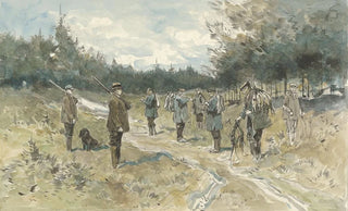 Jan van Essen - Landschap met groep jagers na de jacht op de Leusderhei.webp