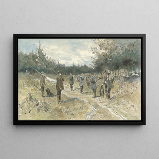 Jan van Essen - Landschap met groep jagers na de jacht op de Leusderhei.webp