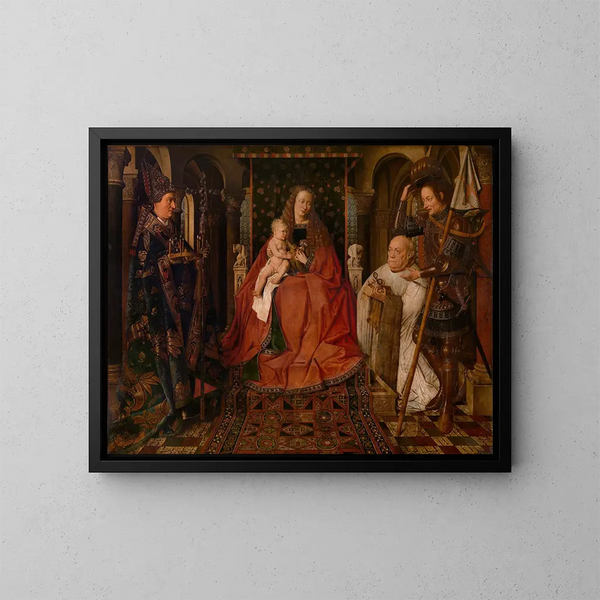 la Virgen con el Niño entre san Jorge, san Donatien de Reims y el donante, el canónigo Van der Paele - Jan van Eyck — cuadro enmarcado en la pared