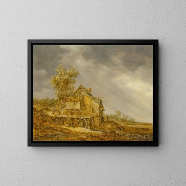 a watermill with figures in a landscape - Jan van Goyen — framed artwork on a wall