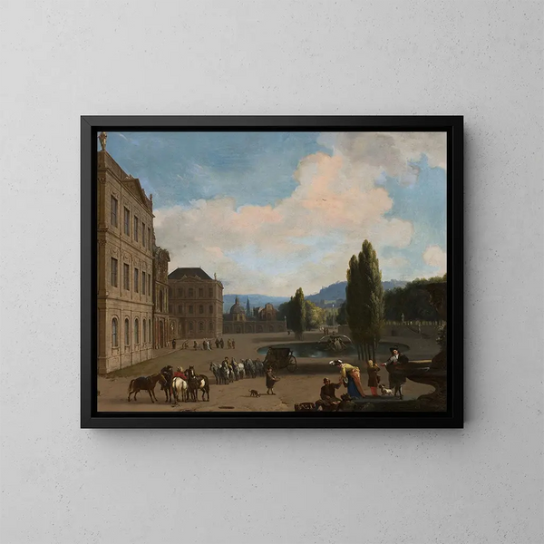 a court courtyard with a fountain, a car, and people - Jan van Huchtenburg — framed artwork on a wall