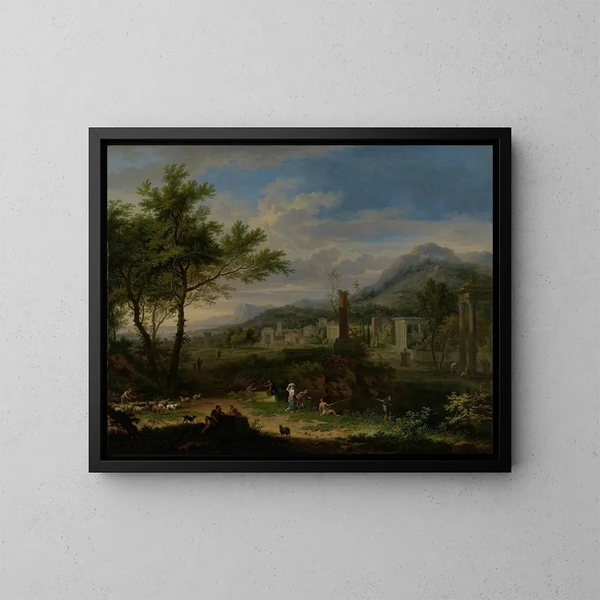 Paisaje arcadiano con pescadores - Jan van Huysum — cuadro enmarcado en la pared