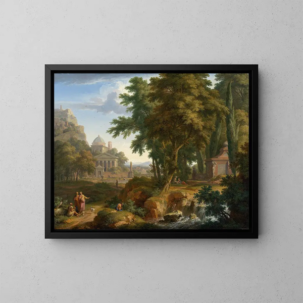 Paisaje arcadien con los santos Pedro y Juan sanando al paralítico - Jan van Huysum — cuadro enmarcado en la pared